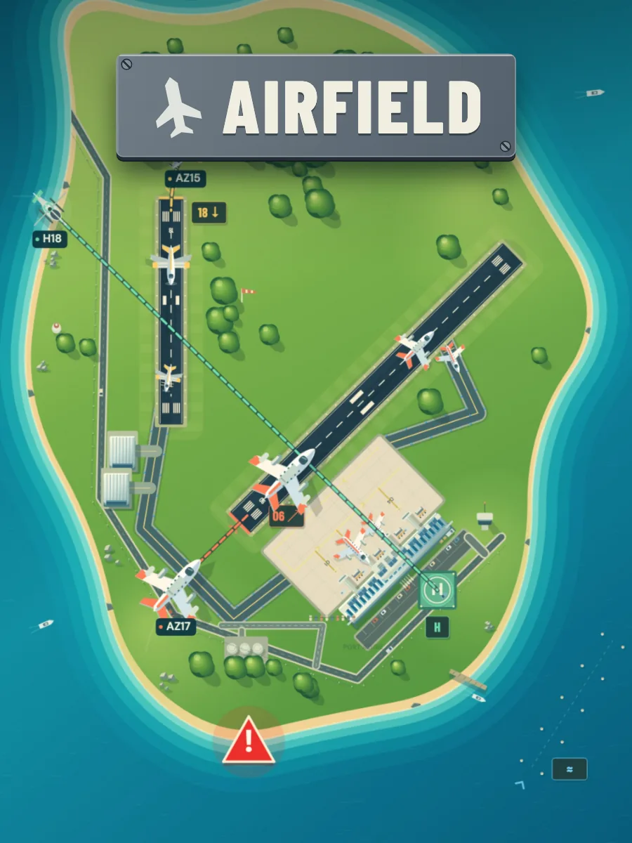 Startbild von AIRFIELD: eine Flughafeninsel von oben mit Landebahn, Terminal und Flugzeugen