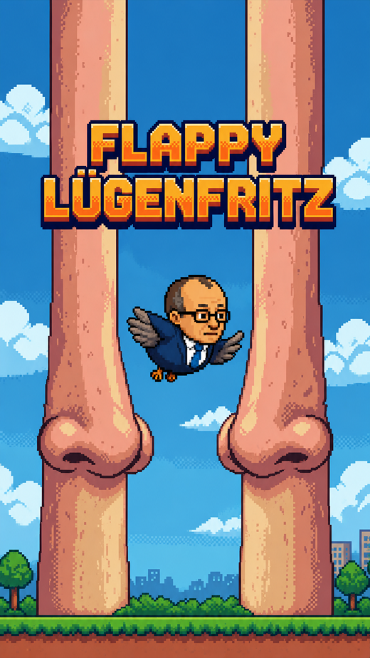 Startbild von Flappy Lügenfritz: eine geflügelte Figur im Anzug zwischen zwei riesigen Nasen im Pixel-Look