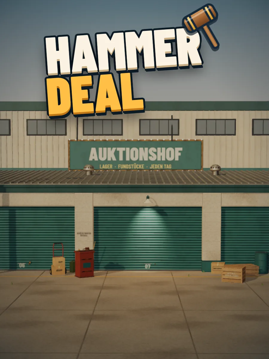 Startbild von Hammerdeal: das Logo über einem Auktionshof mit Lagerhallen und Rolltoren