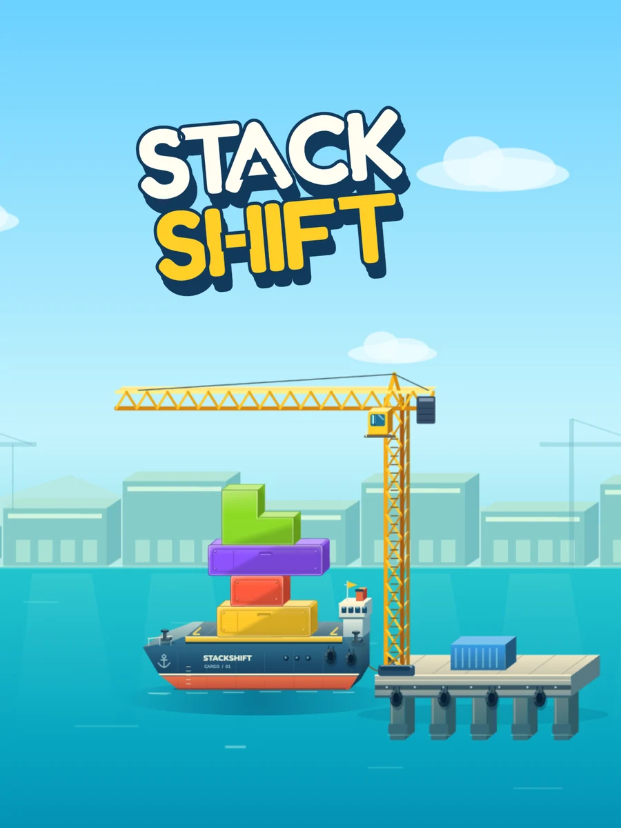 Startbild von STACKSHIFT: ein Hafenkran stapelt bunte Bausteine auf einem Frachtschiff